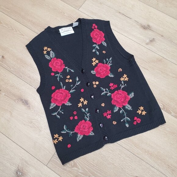 Vintage Ashley Hand Embroidered Floral Cardigan Sweater Vest Womens Size L Black - Picture 1 of 11